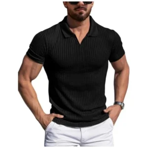 YTD Men’s Muscle V Neck Polo Shirts Slim Fit Solid Short Sleeve Golf T-Shirts Ribbed Knit Soft Tees